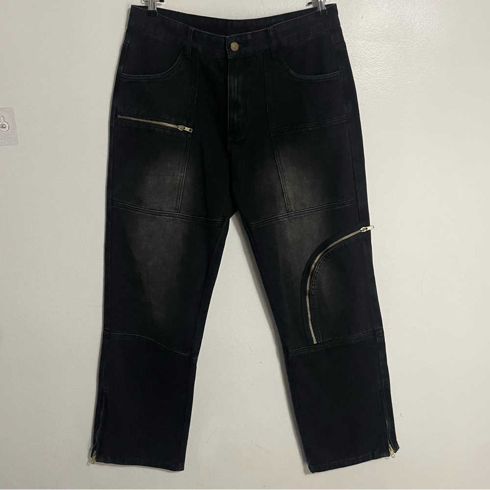 Streetwear Casual Black Jeans Gold Zippers Size 34